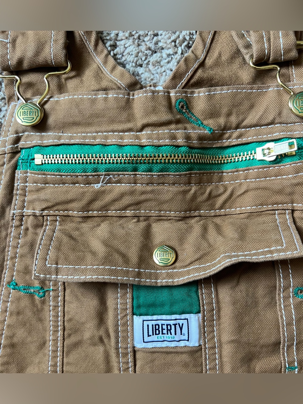 Liberty Carhartt Brown Green Stiching Canvas Work Overalls Medium - Picture 2 of 4
